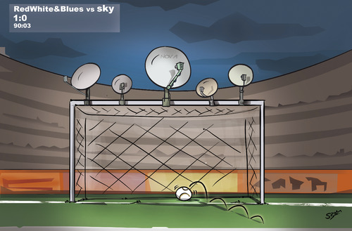 Cartoon: Red White and Blues vs sky (medium) by subbird tagged fussball,europa,paytv,sky,urteil,des,europäischen,gerichtshof