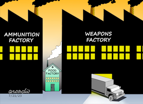 Cartoon: Factories for live and death. (medium) by Cartoonarcadio tagged weapons,factories,ammunitions,war,conflict