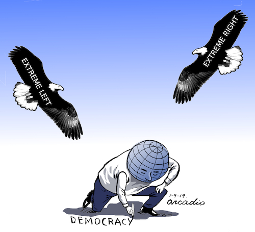 Cartoon: Populist attack. (medium) by Cartoonarcadio tagged populism,democracy,extreme,left,communism