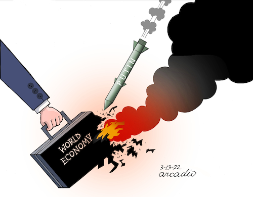 Cartoon: Russian hits the world economy. (medium) by Cartoonarcadio tagged putin,russia,europe,euro,dollar,america