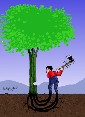Cartoon: Self-destruction (medium) by Cartoonarcadio tagged trees,deforestation,forests,life,global,warming