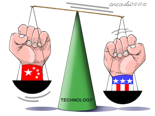 Cartoon: Technological Duel. (medium) by Cartoonarcadio tagged usa,china,commerce,technology,economy