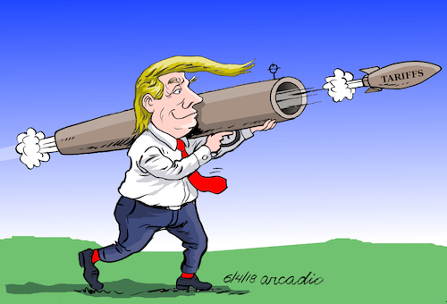 Cartoon: Trade war. (medium) by Cartoonarcadio tagged trump,weapons,trade,economy