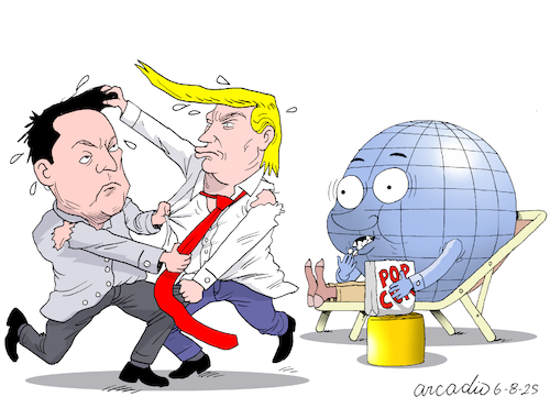Cartoon: Trump vs.Musk and fresh popcorn. (medium) by Cartoonarcadio tagged trump,musk,white,house,us,government,spacex