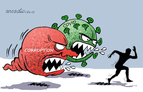 Cartoon: Two deadly pandemics (medium) by Cartoonarcadio tagged pandemic,corruption,economy,health,covid,19