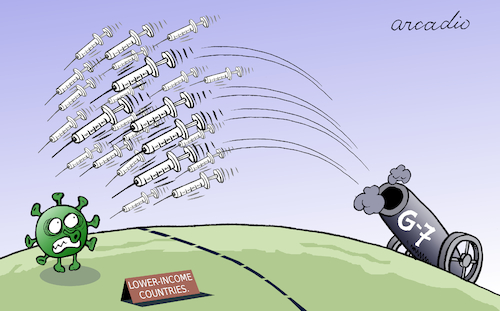 Cartoon: Vaccine for all countries. (medium) by Cartoonarcadio tagged coronavirus,covid,19,health,usa,pandemic,us,eu