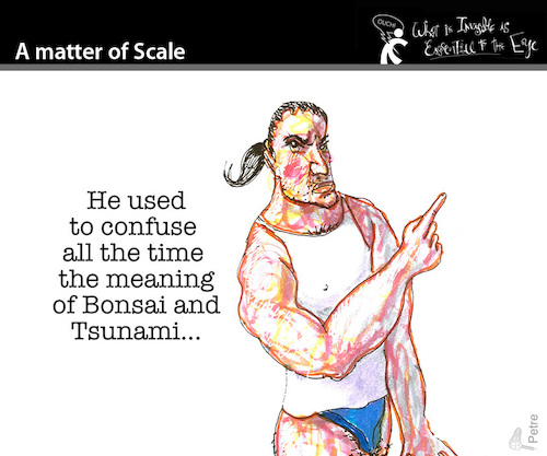 Cartoon: A Matter of Scale (medium) by PETRE tagged scale,größe,bonsai,tsunami