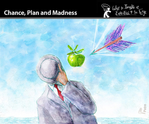 Cartoon: CHANCE PLAN AND MADNESS (medium) by PETRE tagged magritte,wihlehlmtell,arrow,apple,apfel