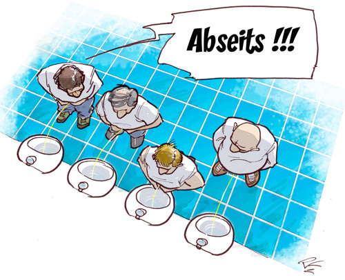 Cartoon: Abseits im Pissoir (medium) by Peter Knoblich tagged football,offside,position,fussball,soccer,urinal,maenner,toilet,abseits