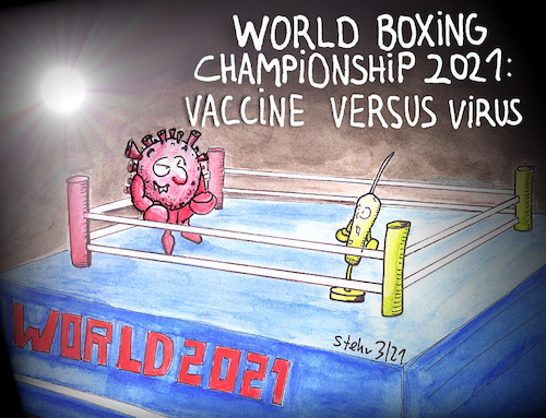 Cartoon: Vaccine vs Virus World Boxing (medium) by Matthias Stehr tagged vaccine,covid,19,sars
