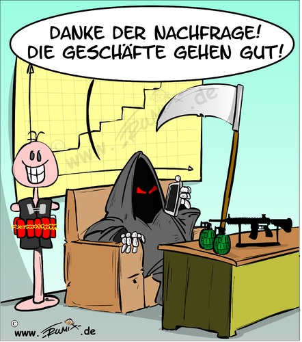 Cartoon: Die Geschäfte gehen gut ... (medium) by Trumix tagged krisen,is,terror,krieg,waffen,waffengeschäfte,terrorismus,syrien,flüchtlinge,refugees,trummix,krisen,is,terror,krieg,waffen,waffengeschäfte,terrorismus,syrien,flüchtlinge,refugees,trummix,sensemann,bedrohung,sense,wirtschaft,börse,handgranaten