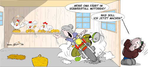 Cartoon: Meine Oma faehrt im Huehnerstall (medium) by Trumix tagged hühnerstall,oma,morotorrad,meldung,umwelt,co2,verbrenner,umweltsau,meldestelle,hühnerstall,oma,morotorrad,meldung,umwelt,co2,verbrenner,umweltsau,meldestelle