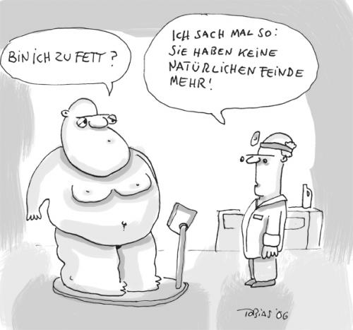 Cartoon: Fett (medium) by Tobias Schülert tagged fett,essen,gewicht,körper,fett,dick,fettleibigkeit,kilos,kilo,waage,übergewicht,gesellschaft,essen,nahrung,ernährung,fressen,maßlosigkeit,patient,praxis,klinik,krankenhaus,arzt,doktor,gesundheit,esssucht,hunger,appetit,erscheinungsbild,feinde,natur,furcht,angst,waffe,schwer,ringer,ringkampf,ringkämpfer,verteidigung,darwin,evolution