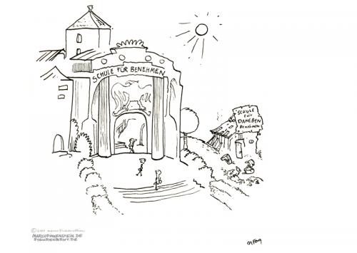 Cartoon: Daneben. (medium) by MarcoFinkenstein tagged schule,daneben,benehmen,schlaue,faule,hütte,draussen,palst,schulgebäude,bildung,bildungswesen