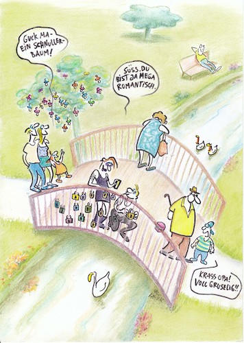 Cartoon: generationenbrücke (medium) by Petra Kaster tagged alter,senioren,zähne,familie,parks,bräuche,zeit,generationen,alter,senioren,zähne,familie,parks,bräuche,zeit,generationen