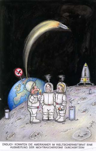 Cartoon: Rauchermond (medium) by Petra Kaster tagged shuttle,space,raumfahrt,rauchverbot,mond,nichtraucher,raucher