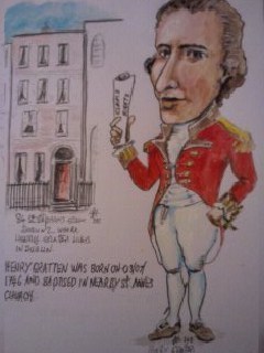 Cartoon: Henry Gratten (medium) by jjjerk tagged henry,gratten,irish,politician,dublin,cartoon,caricature,1798,rebellion,ireland,red,scroll,house,saint,stephens,green,claims,rights,parliamont