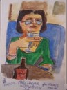 Cartoon: Mary having a glass of wine (small) by jjjerk tagged mary,cartoon,caricature,portrait,green,bottle,glasses