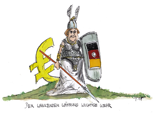 Cartoon: der wankenden währung (medium) by plassmann tagged euro,merkel,eu,eurokrise,europa