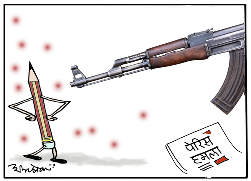 Cartoon: Gun attack on French magazine (medium) by cartoonist Abhishek tagged charlie,hebdo,cartoon