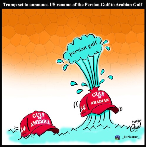 Cartoon: persian gulf and trump (medium) by Hossein Kazem tagged persian,gulf,and,trump