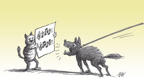 Cartoon: cat and dog (medium) by penapai tagged music,dog,tiere,katze,hund,noten,jaulen,heulen,lesen,bellen,musik,singen