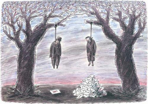 Cartoon: double suicide (medium) by penapai tagged suicide,tod,sterben,aufhängen,strick,galgen,selbstmord,abschiedsbrief,abschied,gesellschaft