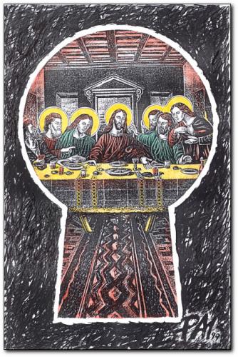 Cartoon: last supper (medium) by penapai tagged secret,schlüsselloch,spion,beobachten,letzte,abendmahl,jesus,apostel,jünger,leonardodavinci,religion,bibel,christentum,kreuzigung,brot,wein,leib,blut