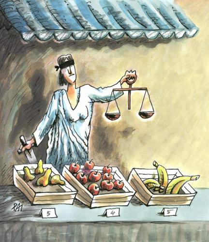 Cartoon: market (medium) by penapai tagged lex,blind,profi,kunststück,justiz,gesetz,justitia,gerechtigkeit,statue,gericht,verkäufer,handel,verkaufen,abwiegen,waage,ware,lebensmittel,markt