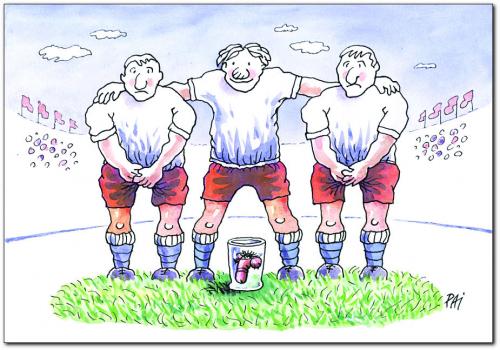 Cartoon: protection (medium) by penapai tagged footbal,fussball,elfmeter,blockade,wand,genetal,penis,schutz,hoden,eierschutz,glas,sicherheit,kronjuwelen,angst,panik,verlust,schmerz,abwehr,torschütze,foul,schwalbe,torwart,rote karte,gelbe karte,schiedsrichter,stadion,spieler,sportler,sorge,sorglos,gelassen,ruhig,rote,karte,gelbe