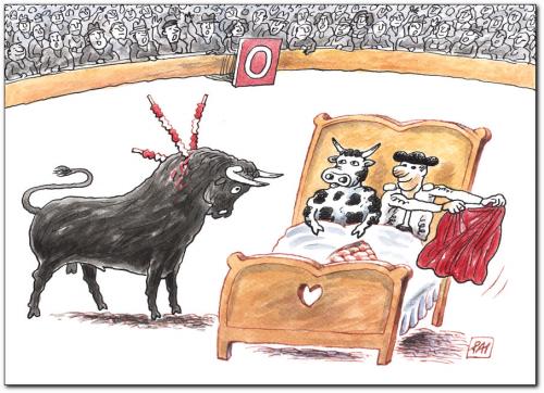 Cartoon: provocation (medium) by penapai tagged corida,torero,stier,stierkampf,spanien,aggression,tierquälerei,kampf,sport,rot,provokation,fremdgehen,kuh,bett,rage,tod,feige,tierschützer,arena,publikum,horn,tier,bulle