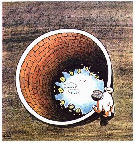 Cartoon: time tunnel (medium) by penapai tagged life,death,brunnen,spiegelbild,gucken,schauen,tod,leben,jenseits,grab,beerdigung,sarg,tunnel,vision,illusion