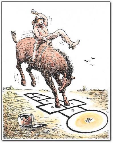 Cartoon: western (medium) by penapai tagged horse,,pferd,zureiten,cowboy,texas,kinderspiel,turnier,sport,wild,western,sattel,rodeo,abwerfen,springen,himmel und hölle,hickelkasten,hüpfspiel,hopsen