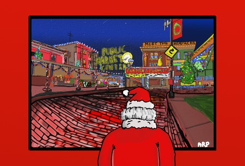 Cartoon: Santa looking at old hood (medium) by tonyp tagged arp,santa,xmas,seattle,pike,street,market,arptoons