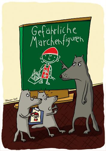 Cartoon: Gefährliche Märchenfiguren (medium) by ullmann tagged wolf,rotkäppchen,märchen,schule