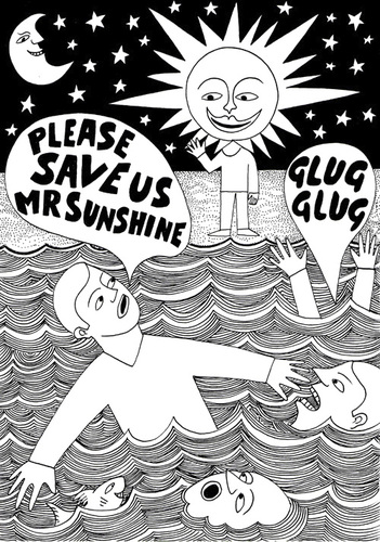 Cartoon: At the end of a darker day. (medium) by baggelboy tagged sun,sink,swim,die,dark,moon,stars,night