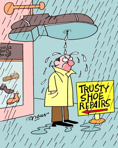 Cartoon: Trusty Shoe Repairs (medium) by daveparker tagged leaking,shoe,sign,angry,man,rainy,day