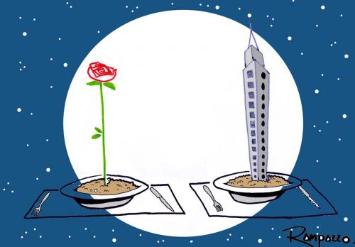 Cartoon: Dinner (medium) by Marcelo Rampazzo tagged dinner,essen,abendessen,romantik,romantisch,blume,hochhaus,wolkenkratzer,natur,vegetation,teller,wachsen,paar,pärchen,mann,frau,geschlechter,beziehung,nacht,mond,rendevous