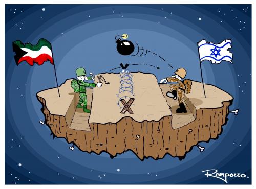 Cartoon: Gaza (medium) by Marcelo Rampazzo tagged gaza,,gazastreifen,gaza,feinde,feindschaft,krieg,autonomiegebiet,gebiet,palästina,grenze,weltraum,weltall,universum,bombe,gewalt,fahne,israel,flagge