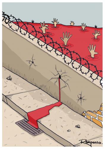 Cartoon: Gaza (medium) by Marcelo Rampazzo tagged gaza,gaza,israel,palästina,hamas,krieg,militär,gewalt,zerstörung,sterben,tod,tote,massaker,blut,grenze