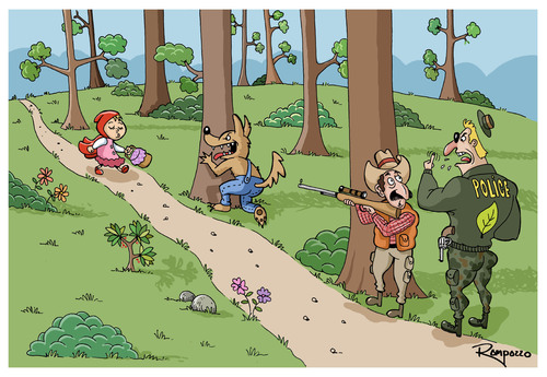 Cartoon: Good Wolf (medium) by Marcelo Rampazzo tagged good,wolf,nature,preservation,ecology,illustration,rotkäppchen,märchen,jäger,polizei