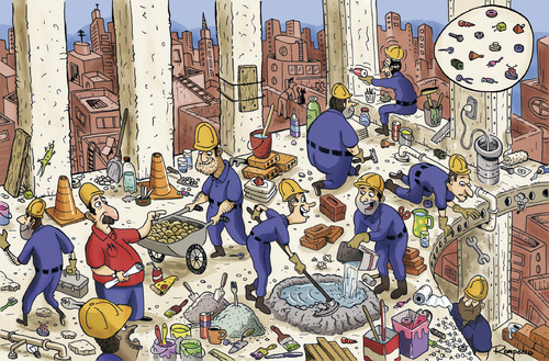 Cartoon: Men at work (medium) by Marcelo Rampazzo tagged construction,work,men,illustration,arbeiter,arbeit,job,handwerk,beruf,bauen,bau,bauarbeiter,stadt