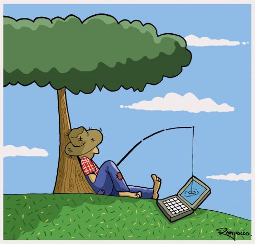 Cartoon: My days (medium) by Marcelo Rampazzo tagged fishing,internet,connect,computer,rechner,technik,entwicklung,fortschritt,internet,web,browsing,angler,angeln,verbindung,leitung
