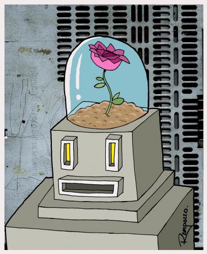 Cartoon: Naturalmind (medium) by Marcelo Rampazzo tagged naturalmind,illustration,computer,roboter,pflanzen,pflanze,rose,natur,technik,fortschritt,entwicklung,technologie,gehirn,kopf