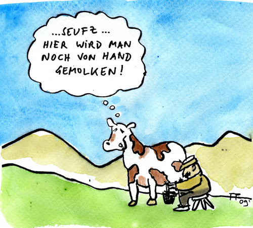 Cartoon: von Hand (medium) by Florian France tagged kuh,melken,alpen,melkschemel,wiese,milch