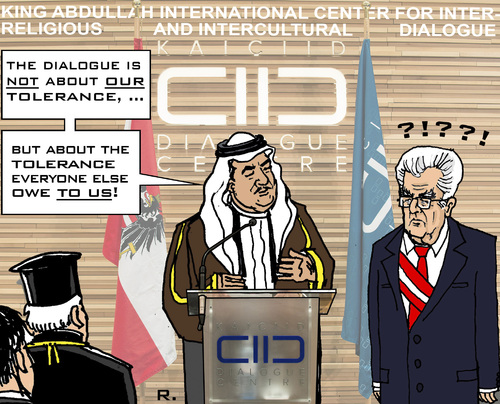 Cartoon: Arabian Tolerance-Center (medium) by RachelGold tagged kaiciid,king,abdullah,international,center,interreligious,and,intercultural,dialogue,saudi,arabia,austria,islam