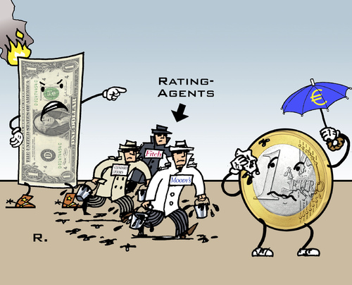 Cartoon: Dollar vs. Euro (medium) by RachelGold tagged bench,market,us,dollar,euro,rating,agencies