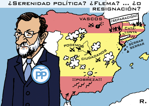 Cartoon: Don Quijote Rajoy (medium) by RachelGold tagged spain,elections,parties,pp,psoe,podemos,ciudadanos,rajoy