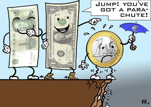 Cartoon: Euro Mobbing (medium) by RachelGold tagged depression,parachute,crisis,current,yuan,dollar,euro