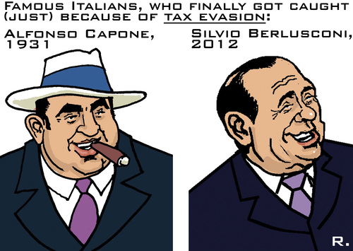 Cartoon: Famous Tax Dodgers (medium) by RachelGold tagged italy,justice,berlusconi,capone,tax,evasion